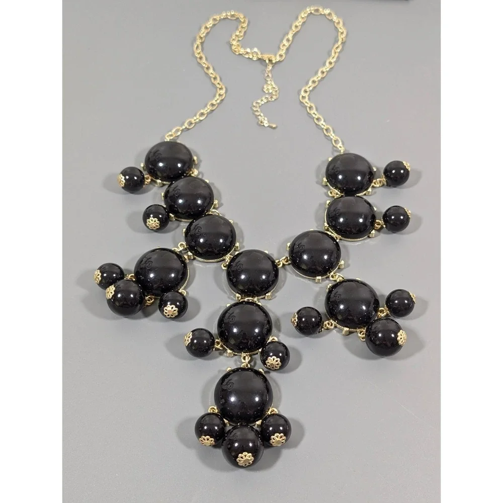 Black Bubble Statement Bib Necklace Gold Tone Bold Gothic 28